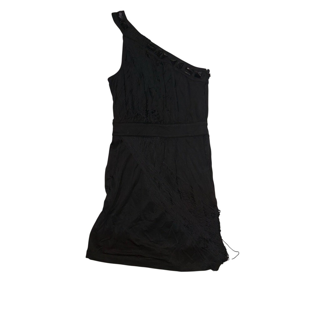 Bebe Womens Black One Shoulder Fringe Studded Mini Dress XS Cocktail Event